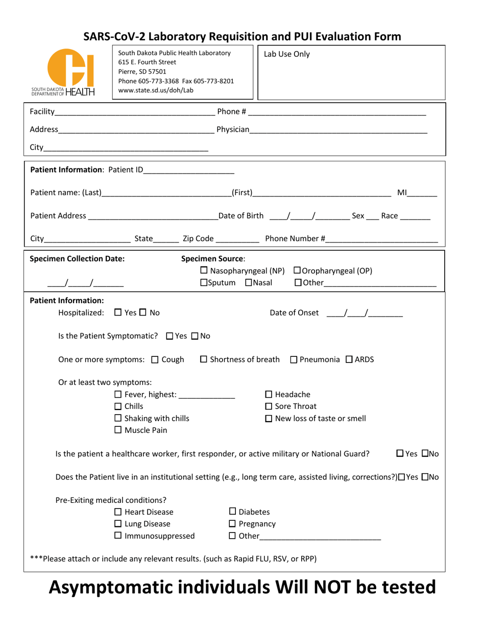 Sars-Cov-2 Laboratory Requisition and Pui Evaluation Form - South Dakota, Page 1