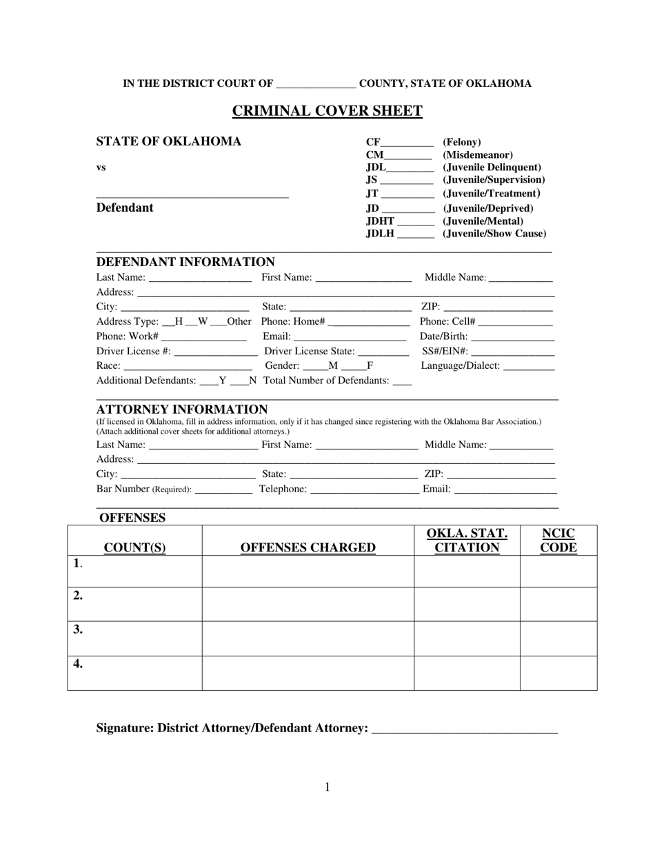 Oklahoma Criminal Cover Sheet - Fill Out, Sign Online and Download PDF ...