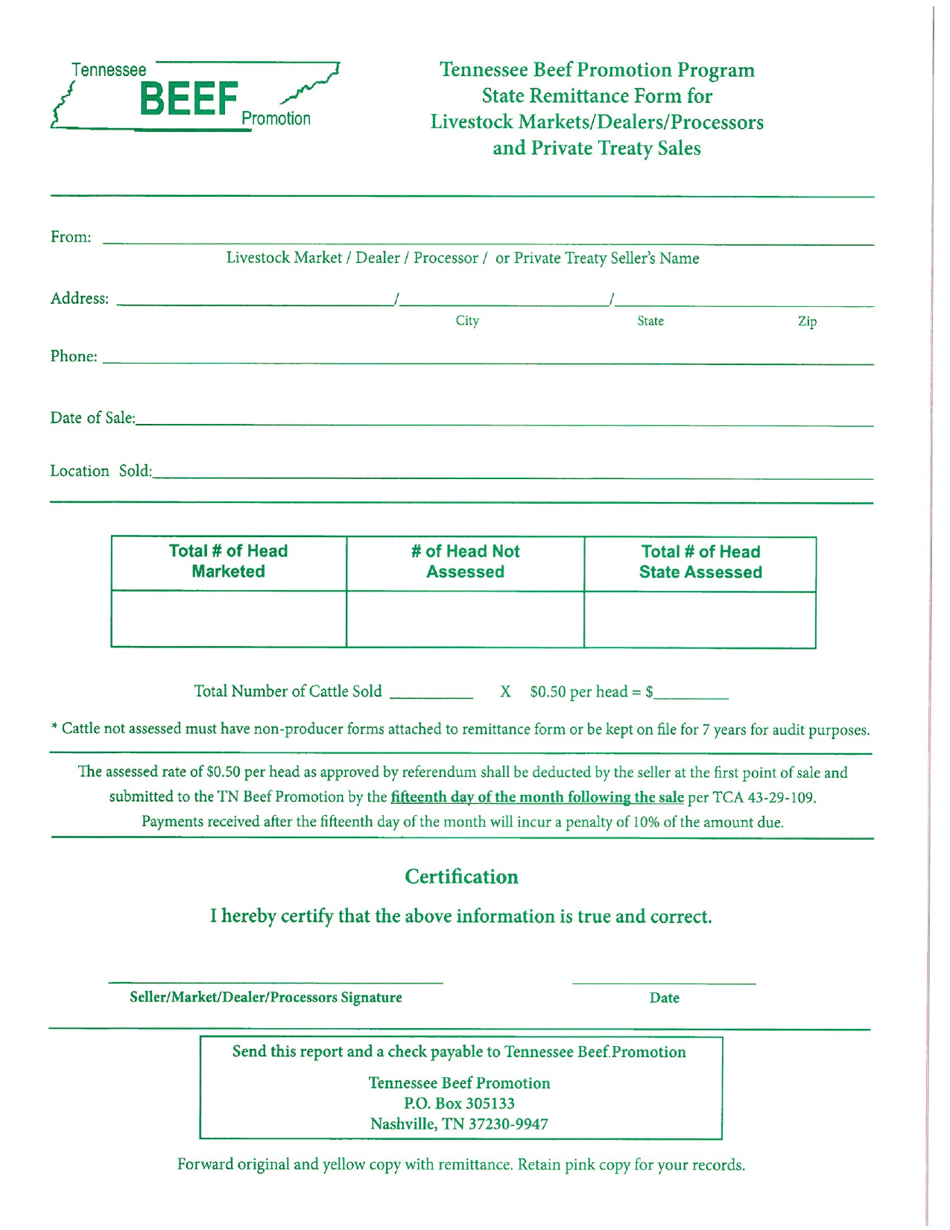 Tennessee Beef Promotion Program State Remittance Form for Livestock Markets / Dealers / Processors and Private Treaty Sales - Tennessee, Page 1