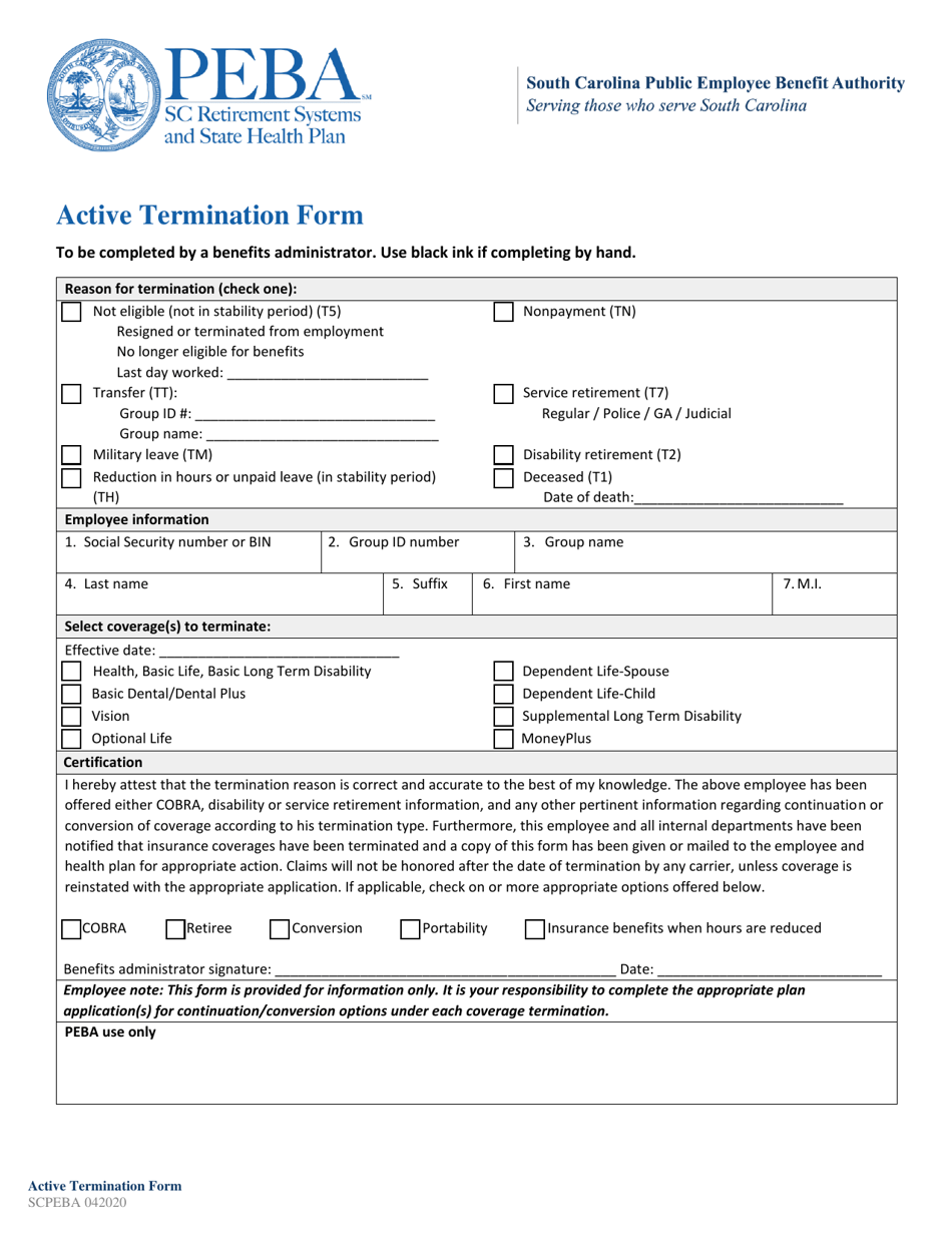 Sc Peba Forms.pdf South Carolina Active Termination Form - Fill Out, Sign Online and ...