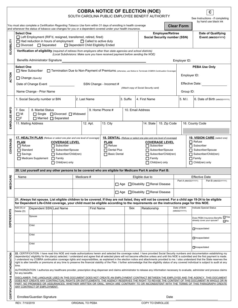 South Carolina Cobra Notice of Election (Noe) - Fill Out, Sign Online ...