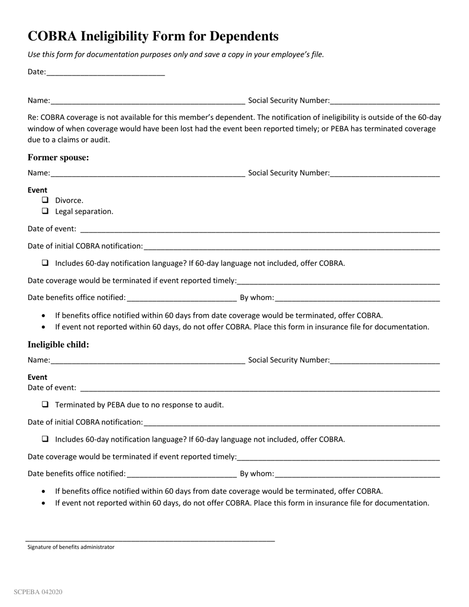 Cobra Ineligibility Form for Dependents - South Carolina, Page 1