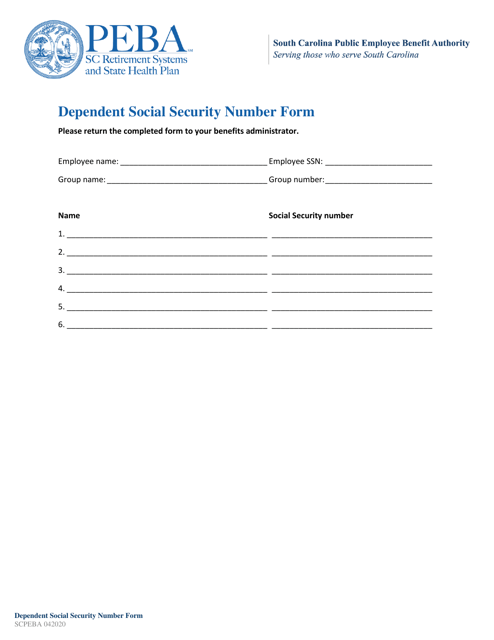 Dependent Social Security Number Form - South Carolina Download Pdf
