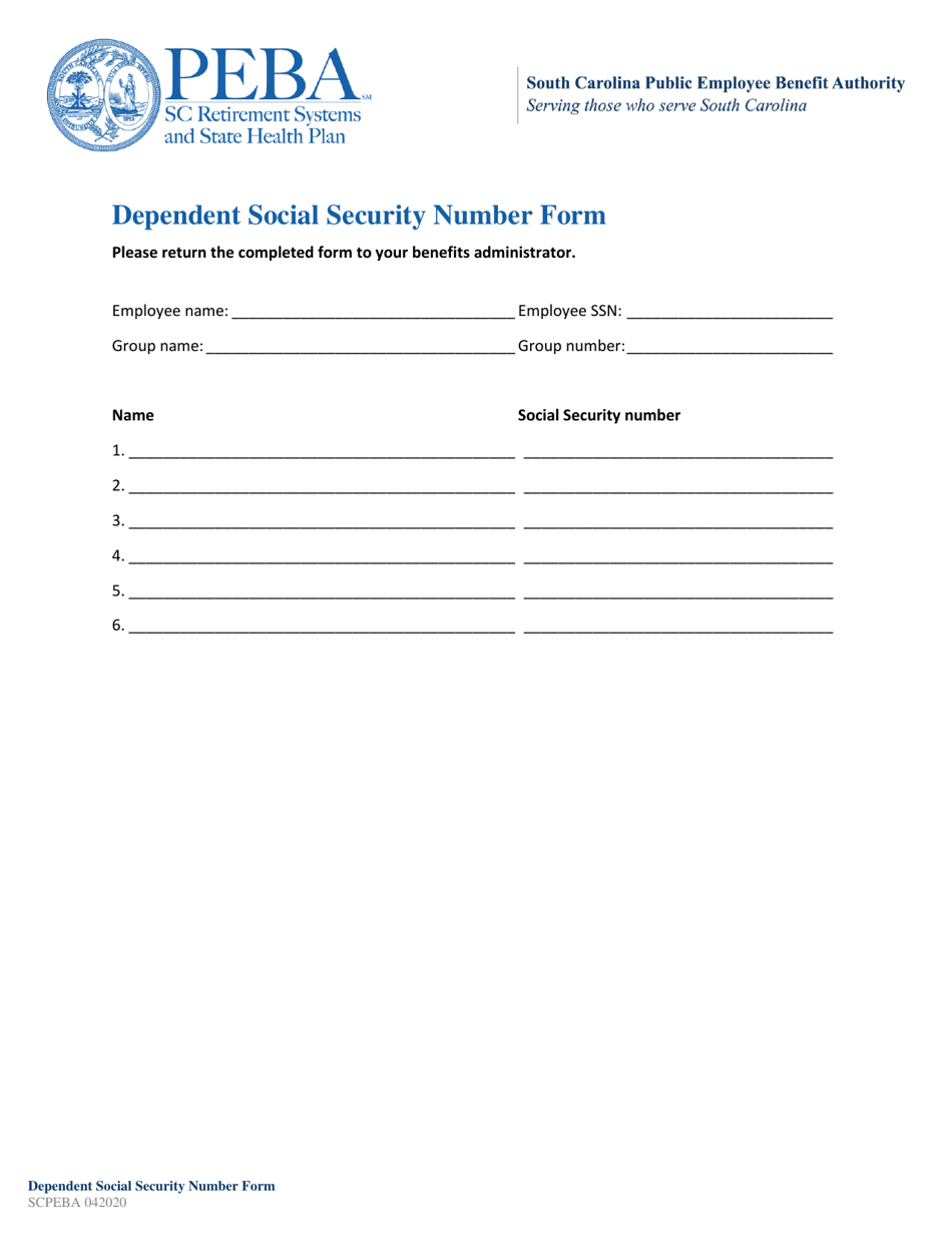Dependent Social Security Number Form - South Carolina, Page 1