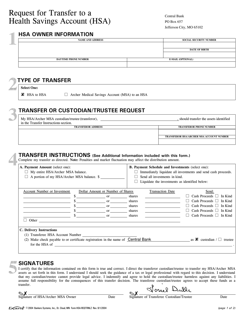 Form HSA-REQTRNLZ Request for Transfer to a Health Savings Account (Hsa) - South Carolina, Page 1