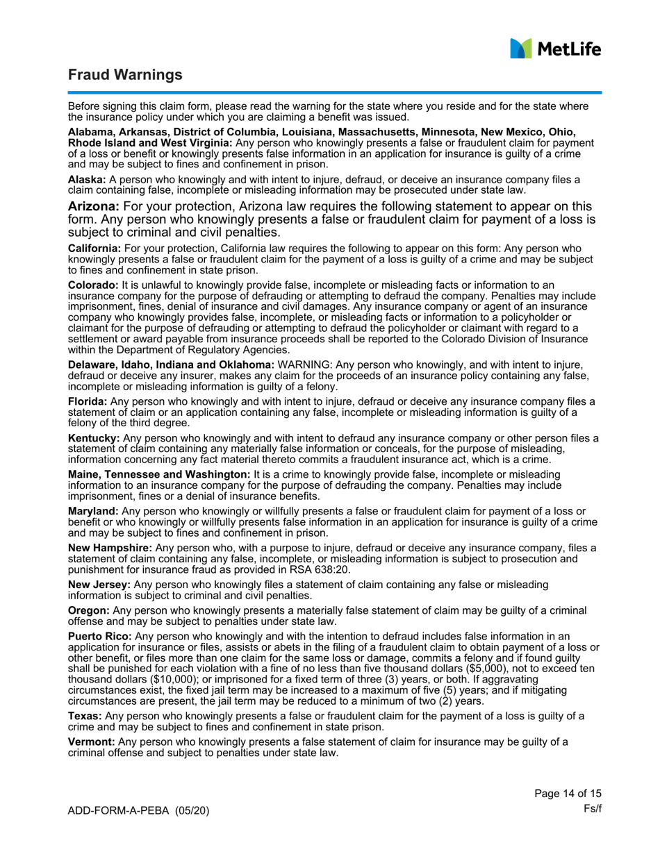 Statement of Claim for Accidental Death and Dismemberment Benefits - South Carolina, Page 14