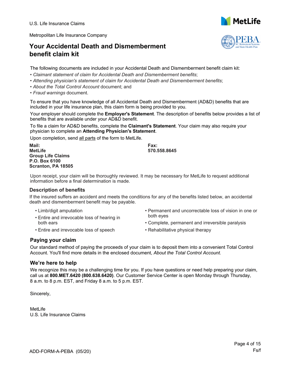 Statement of Claim for Accidental Death and Dismemberment Benefits - South Carolina, Page 4