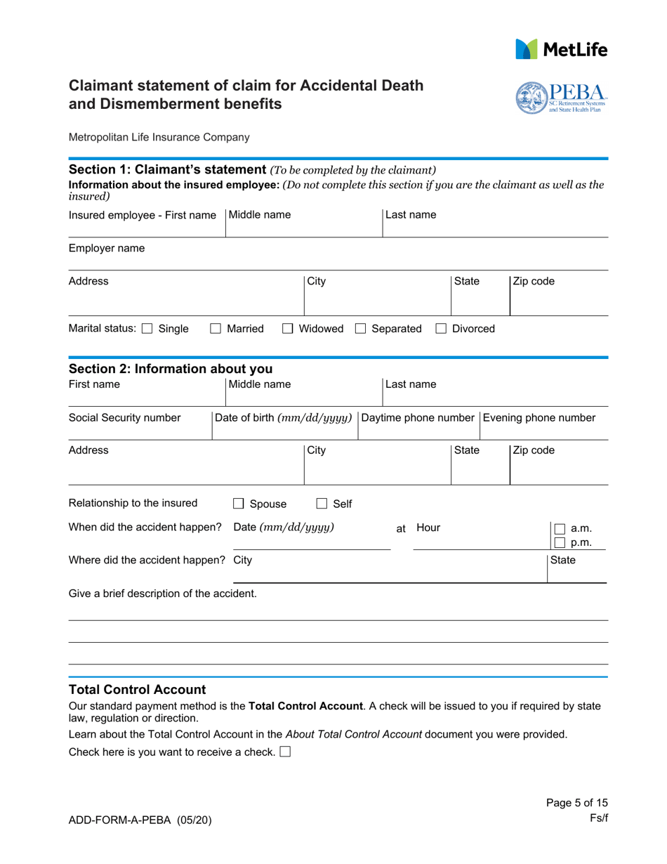 Statement of Claim for Accidental Death and Dismemberment Benefits - South Carolina, Page 5