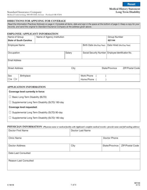 Form SI16119 Medical History Statement for Late Entrants - South Carolina