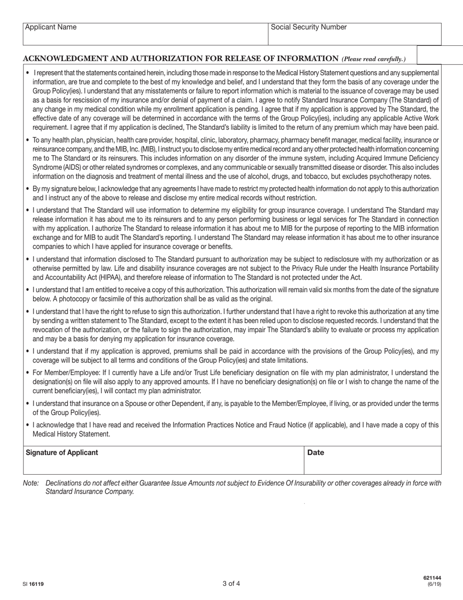 Form SI16119 Medical History Statement for Late Entrants - South Carolina, Page 3