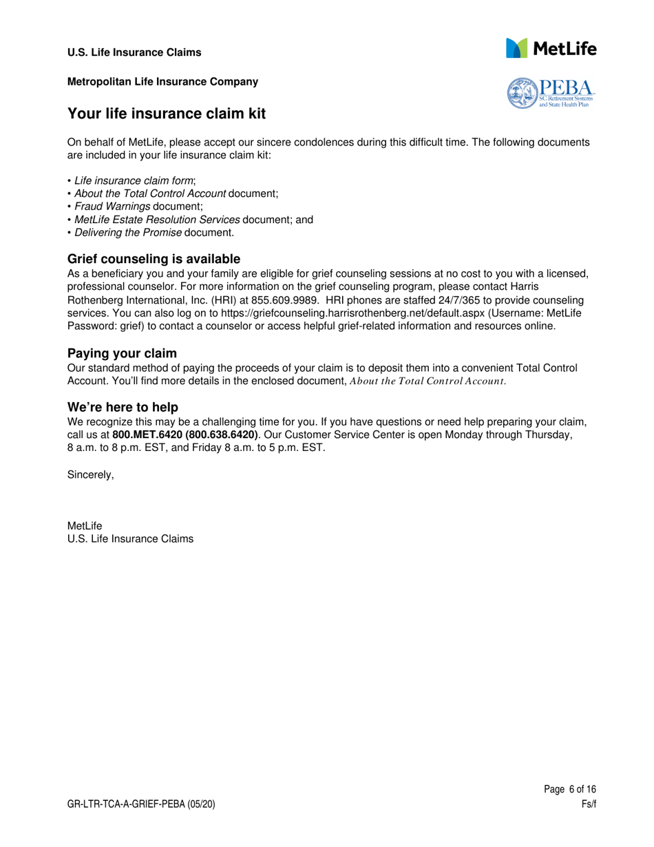 Life Insurance Claim Form - South Carolina, Page 6