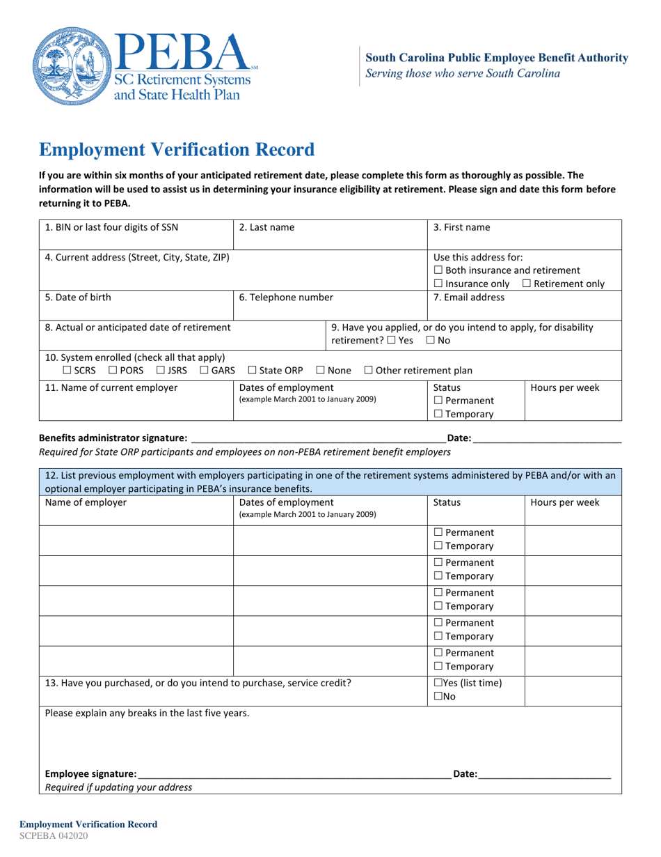 South Carolina Employment Verification Record Fill Out, Sign Online