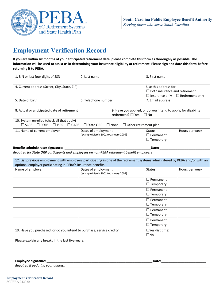 Employment Verification Record - South Carolina, Page 1