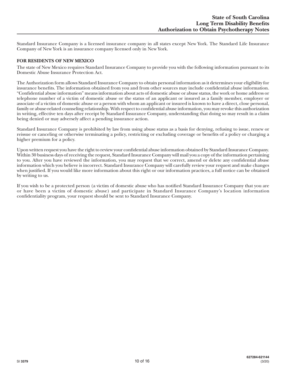 Form SI3379 Long Term Disability Benefits Employees Statement - South Carolina, Page 10