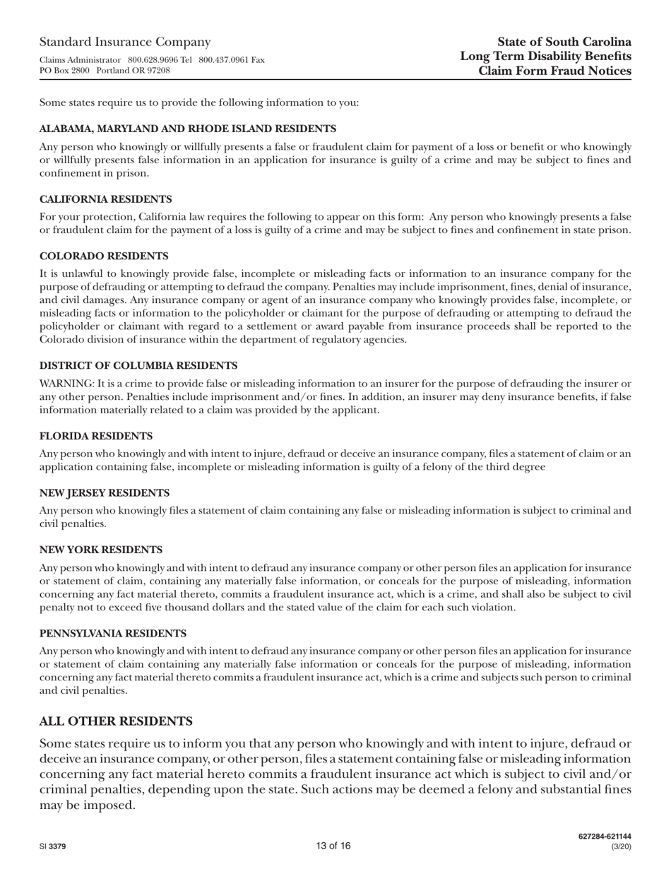Form SI3379 Long Term Disability Benefits Employees Statement - South Carolina, Page 13