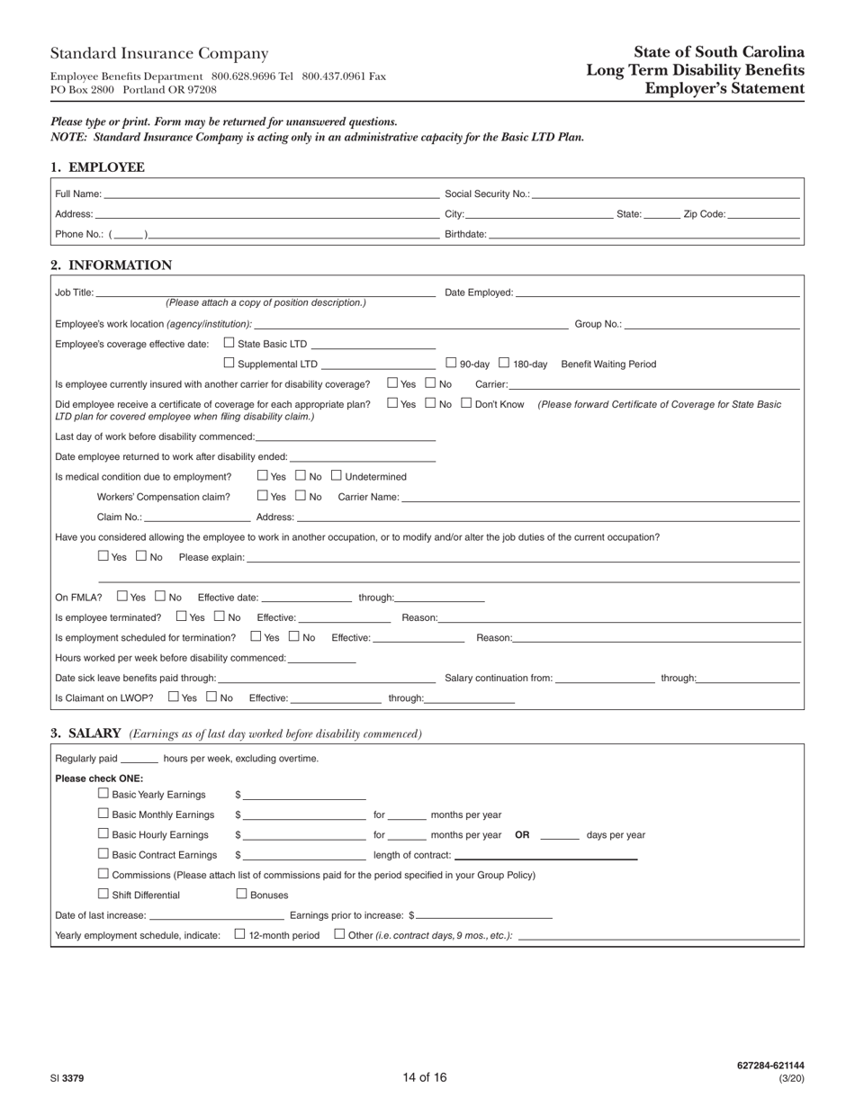 Form SI3379 Long Term Disability Benefits Employees Statement - South Carolina, Page 14