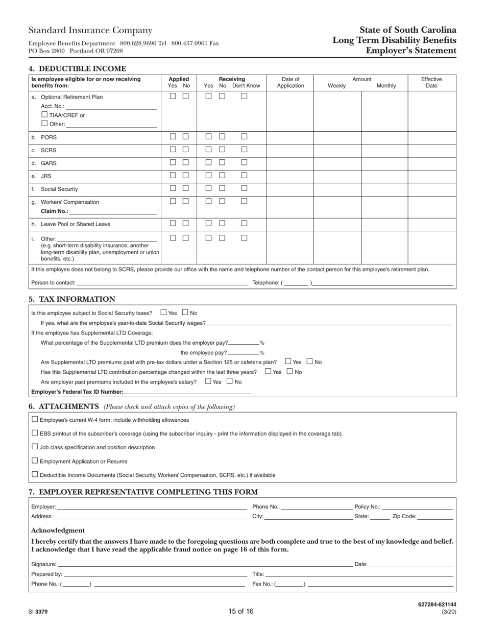 Form SI3379 Long Term Disability Benefits Employees Statement - South Carolina, Page 15