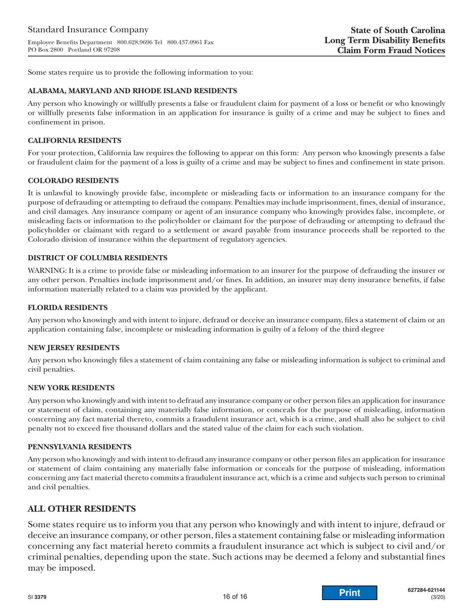 Form SI3379 Long Term Disability Benefits Employees Statement - South Carolina, Page 16