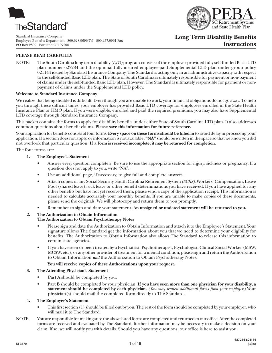 Form SI3379 Long Term Disability Benefits Employees Statement - South Carolina, Page 1