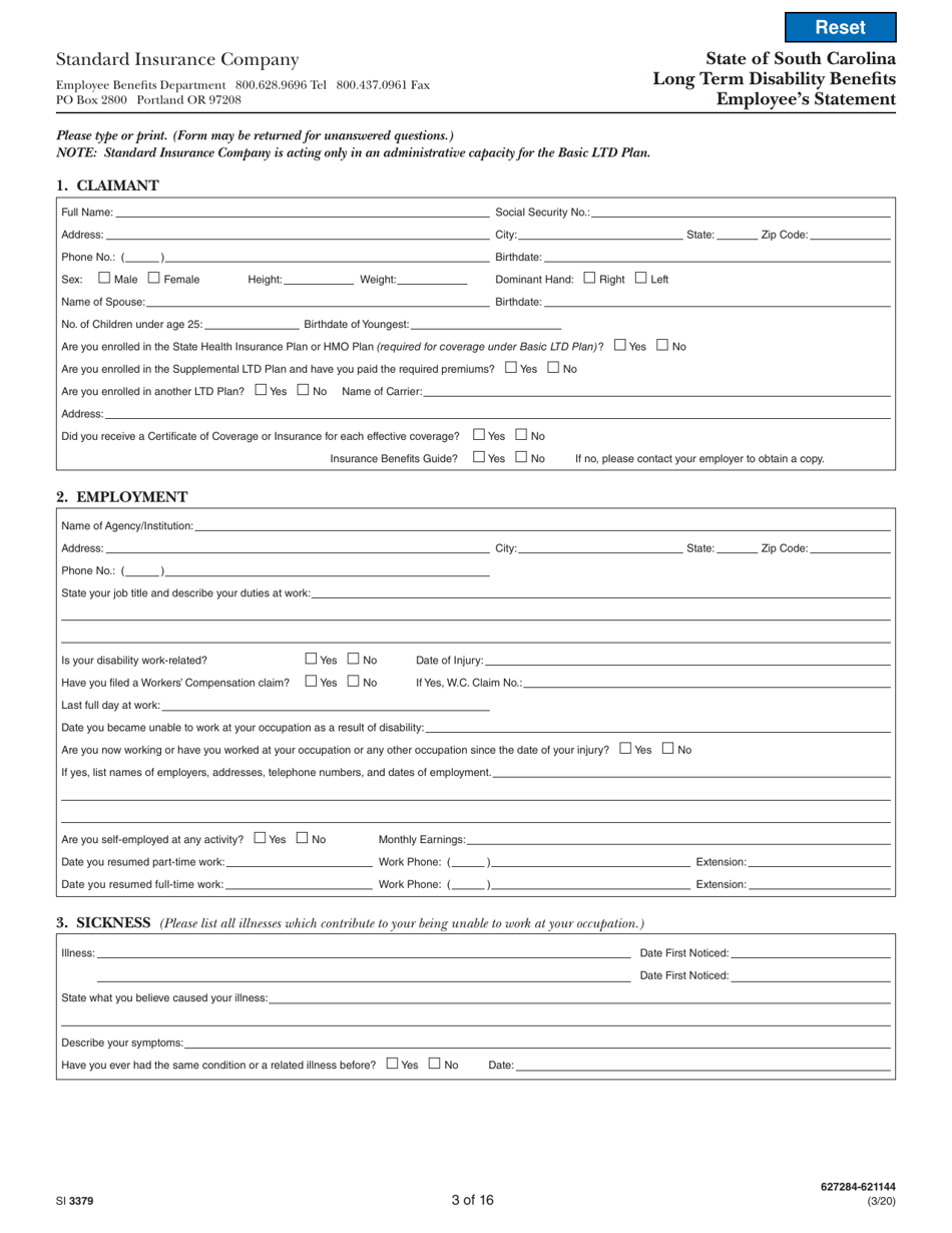 Form SI3379 Long Term Disability Benefits Employees Statement - South Carolina, Page 3