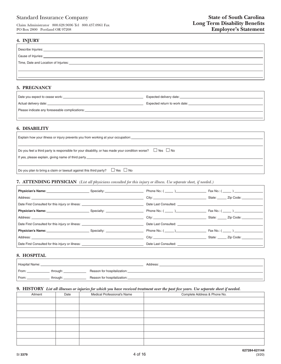 Form SI3379 Long Term Disability Benefits Employees Statement - South Carolina, Page 4