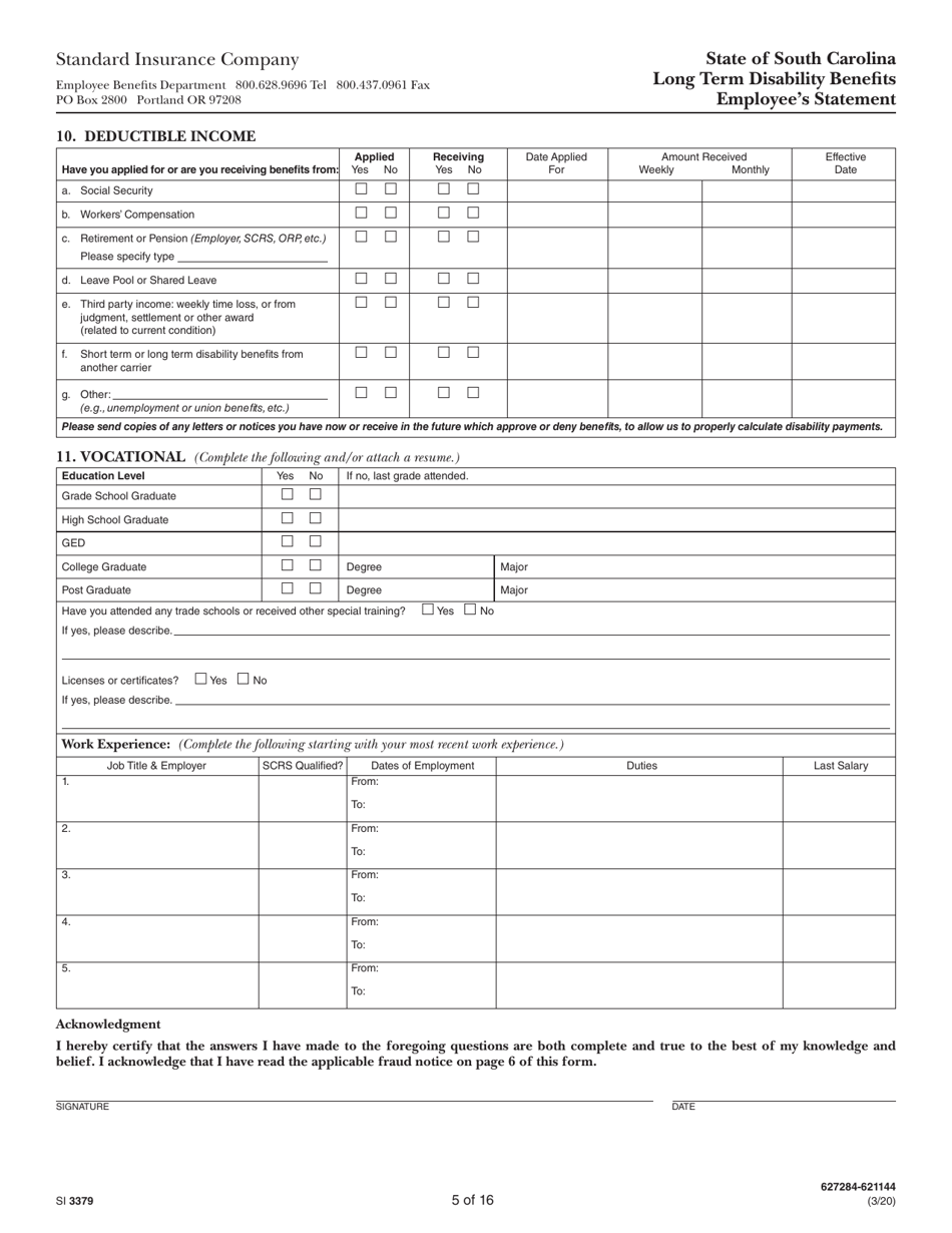 Form SI3379 Long Term Disability Benefits Employees Statement - South Carolina, Page 5
