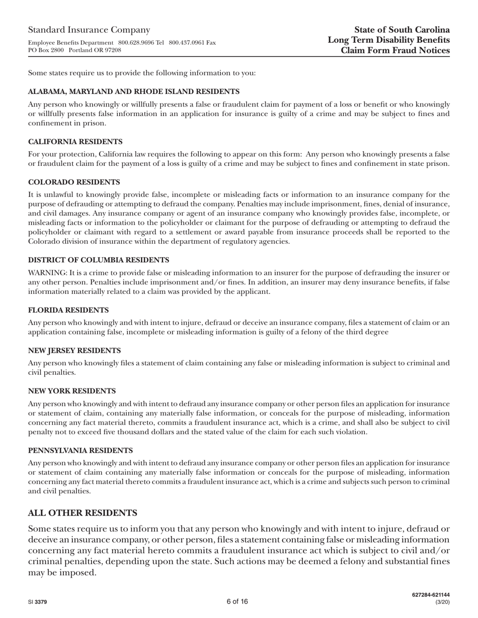 Form SI3379 Long Term Disability Benefits Employees Statement - South Carolina, Page 6