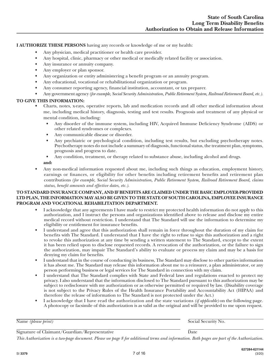 Form SI3379 Long Term Disability Benefits Employees Statement - South Carolina, Page 7