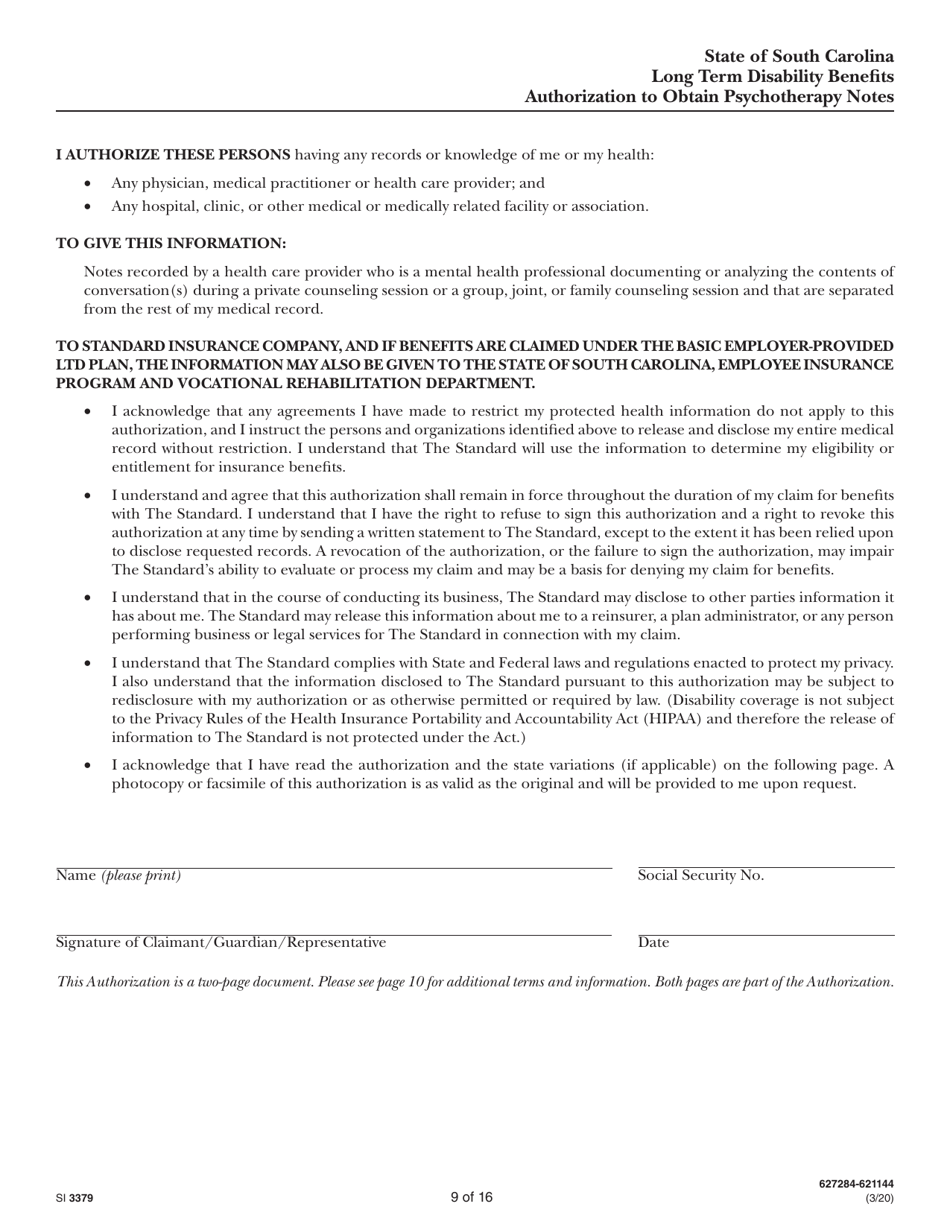 Form SI3379 Long Term Disability Benefits Employees Statement - South Carolina, Page 9