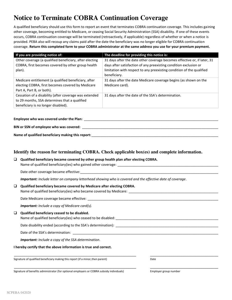 Notice to Terminate Cobra Continuation Coverage - South Carolina, Page 1