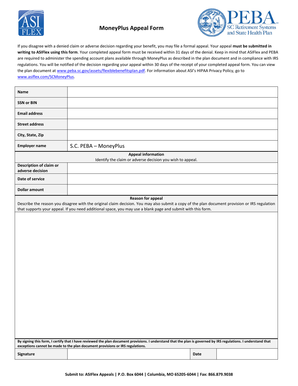 Moneyplus Appeal Form - South Carolina, Page 1