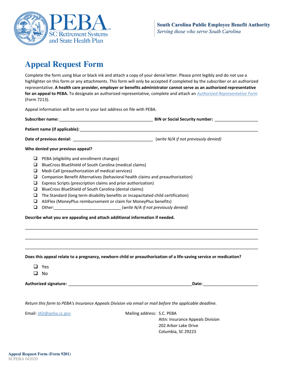Form 9201 Appeal Request Form - South Carolina, Page 1