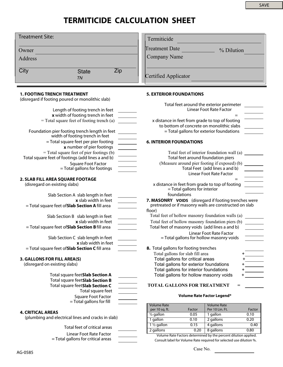 Form AG-0585 Termiticide Calculation Sheet - Tennessee, Page 1