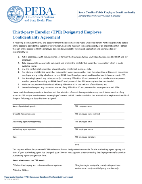 Third-Party Enroller (Tpe) Designated Employee Confidentiality Agreement - South Carolina Download Pdf