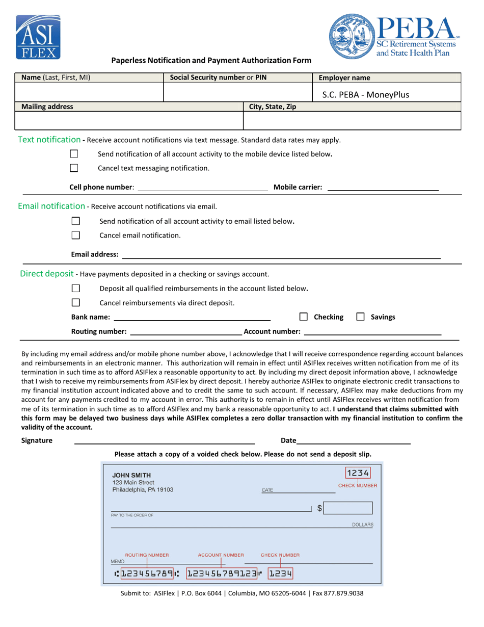 Paperless Notification and Payment Authorization Form - South Carolina, Page 1