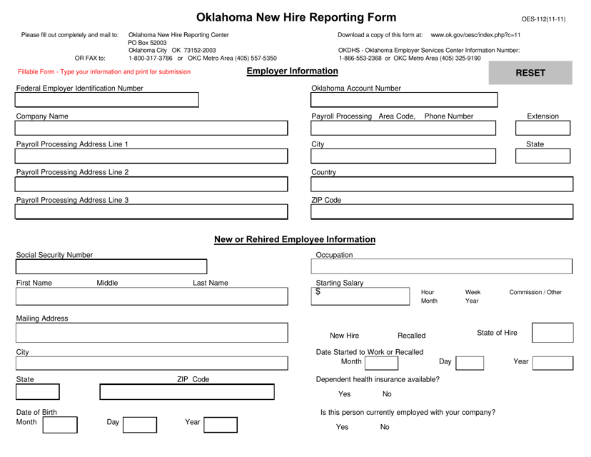 Form OES-112 Oklahoma New Hire Reporting Form - Oklahoma
