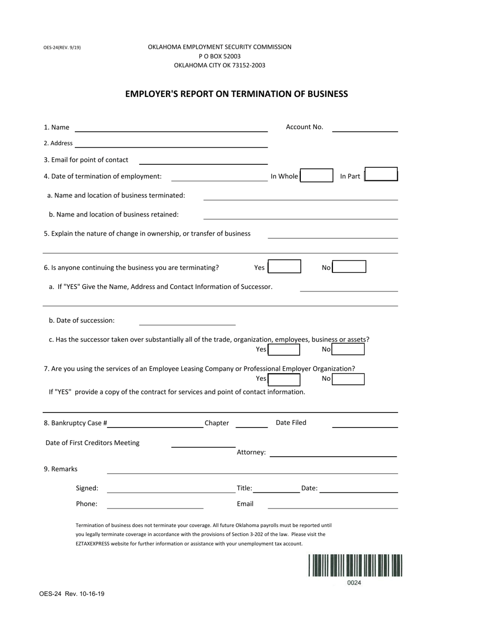 Form OES-24 Employers Report on Termination of Business - Oklahoma, Page 1