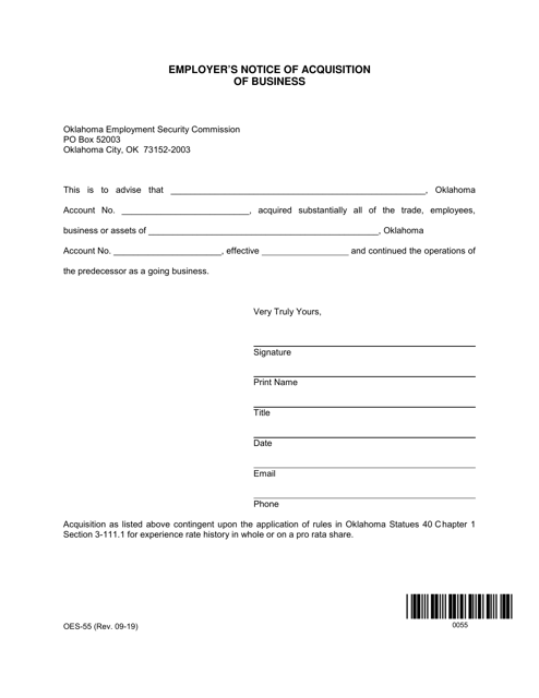 Form OES-55 Employer's Notice of Acquisition of Business - Oklahoma
