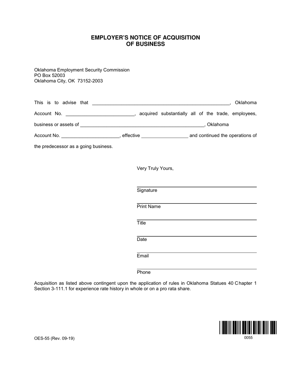 Form OES-55 Employers Notice of Acquisition of Business - Oklahoma, Page 1