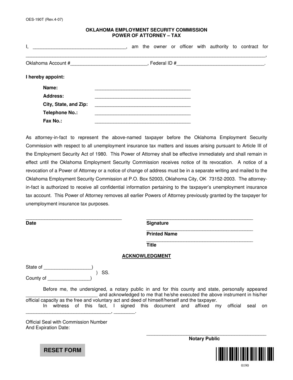 Form OES-190T Power of Attorney - Tax - Oklahoma, Page 1
