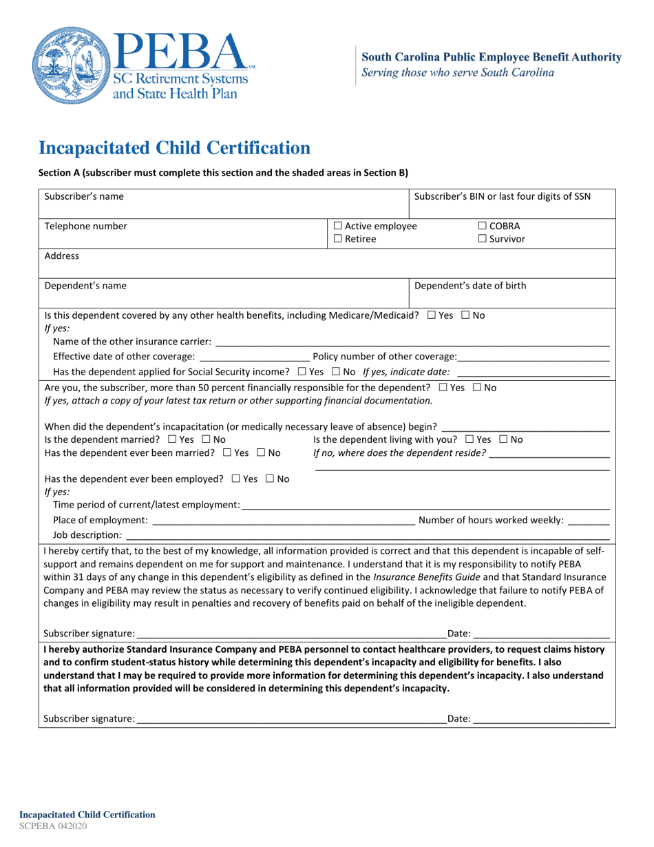 Incapacitated Child Certification - South Carolina, Page 1
