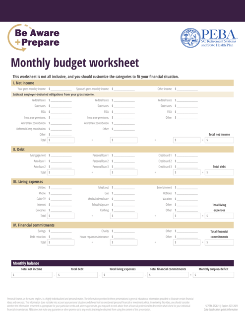 Monthly Budget Worksheet - South Carolina Download Pdf