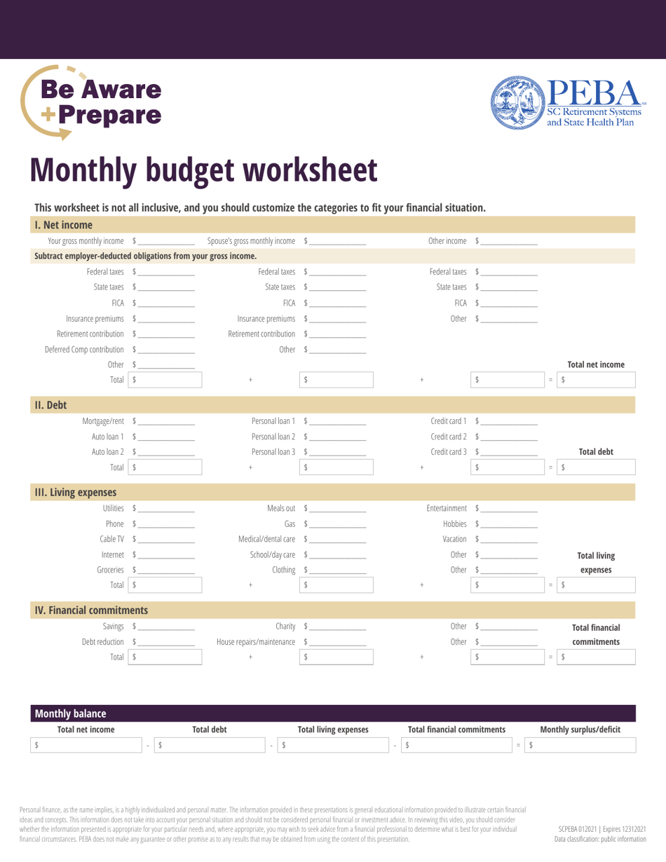 Monthly Budget Worksheet - South Carolina, Page 1