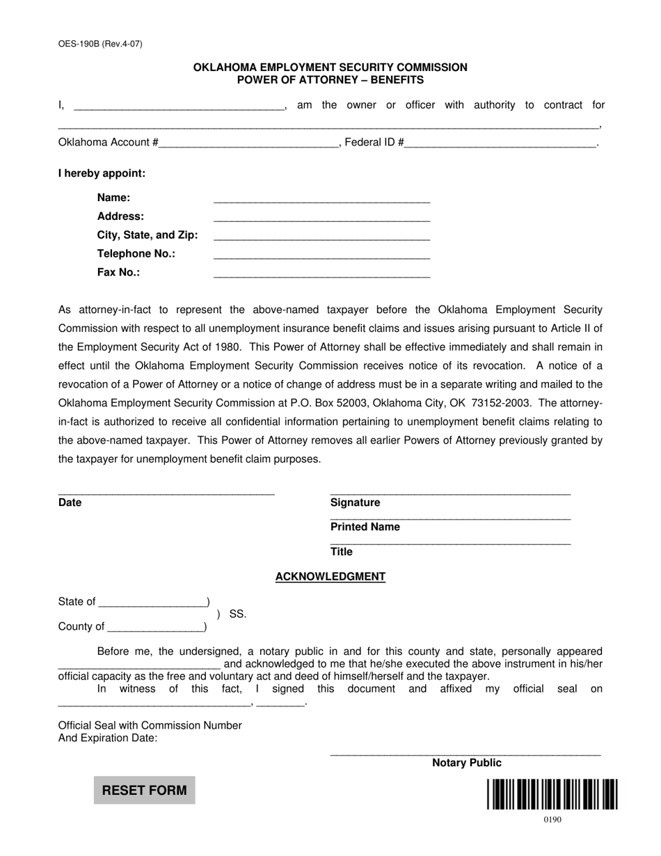 Form OES-190B Power of Attorney - Benefits - Oklahoma, Page 1