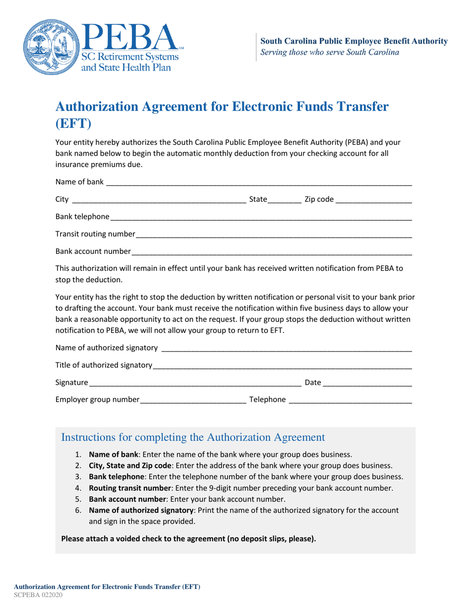 Authorization Agreement for Electronic Funds Transfer (Eft) - South Carolina, Page 1