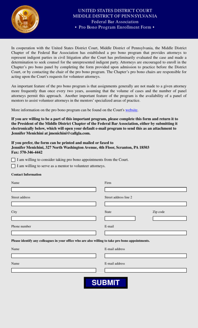 Pro Bono Program Enrollment Form - Pennsylvania Download Pdf