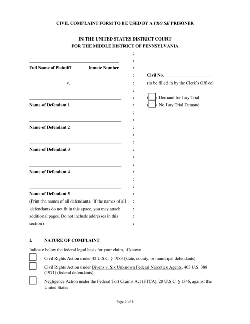 Civil Complaint Form to Be Used by a Pro Se Prisoner - Pennsylvania Download Pdf