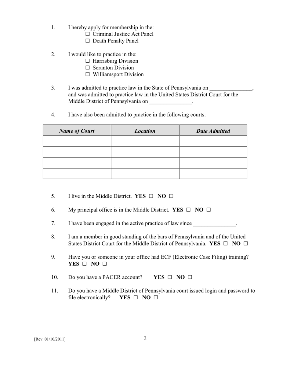 Membership Application for the Criminal Justice Act and Death Penalty Panels for the United States District Court for the Middle District of Pennsylvania - Pennsylvania, Page 2