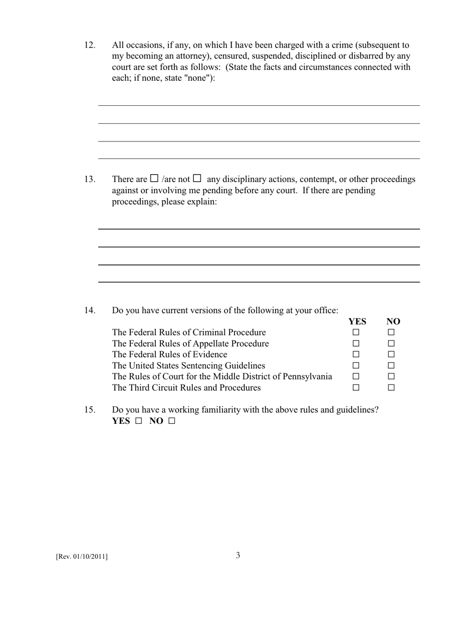 Membership Application for the Criminal Justice Act and Death Penalty Panels for the United States District Court for the Middle District of Pennsylvania - Pennsylvania, Page 3