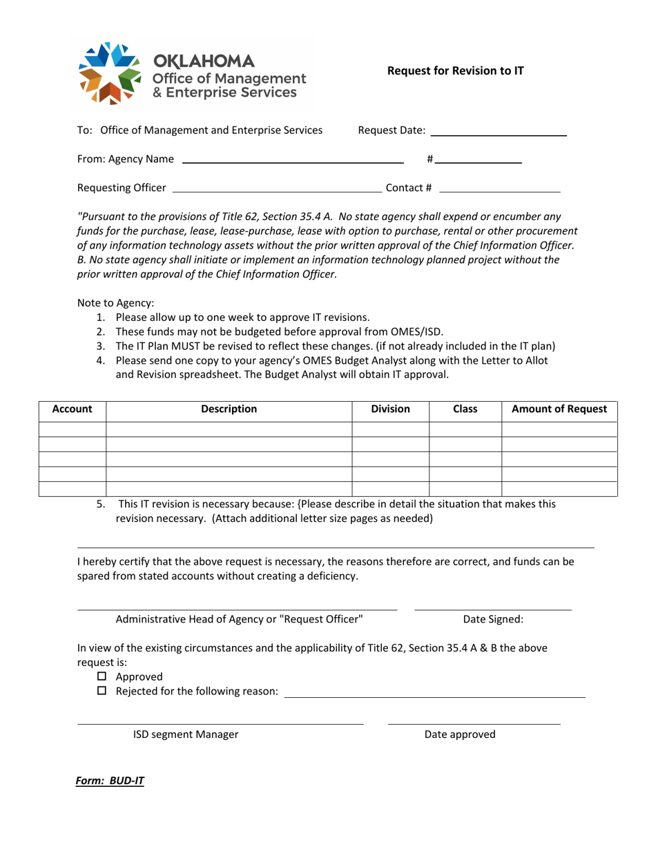 Form BUD-IT Request for Revision to It - Oklahoma, Page 1